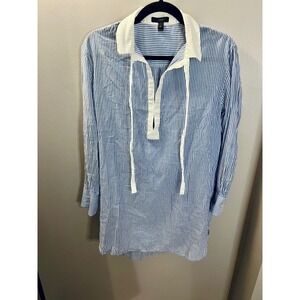 J.Crew Womens XS Blue White Pinstriped Nautical Tie Neck Tunic Shirt Long Sleeve